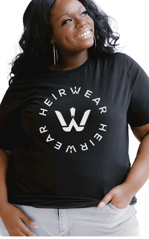 Heirwear women's White Circle Logo on black, short-sleeve  tshirt 