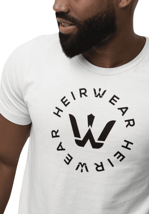 HeirWear Mens White Circle logo Short Sleeve Tshirt with Black Lettering